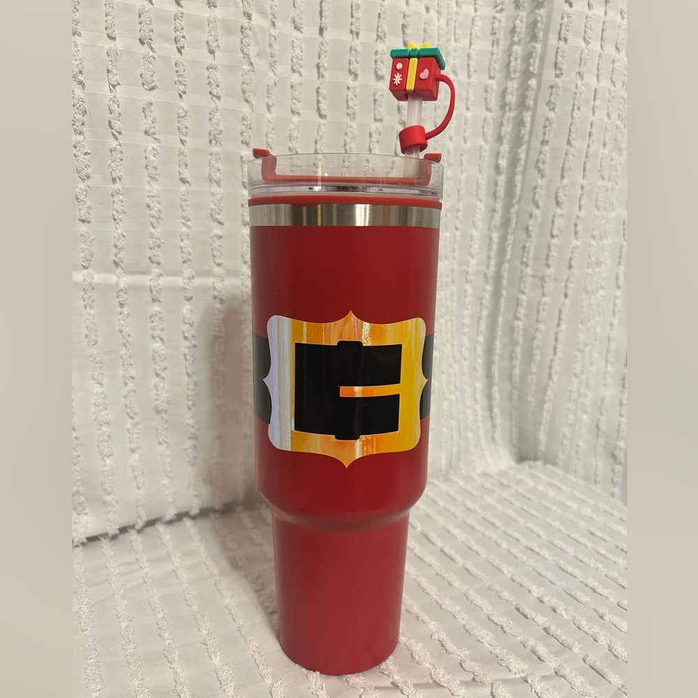 Red Insulated Tumbler with Santa‎ belt & gift straw topper